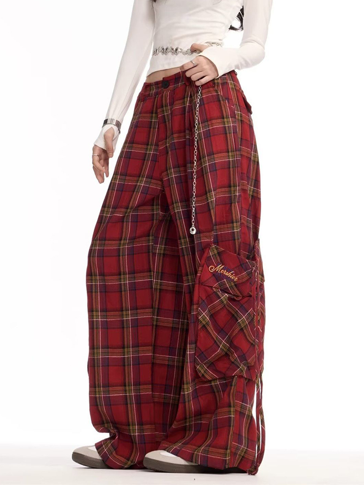 Y2k Plaid Cargo Pants Women Harajuku High Waist Streetwear Trousers American Vintage Hop Big Pockets Letter Pants New
