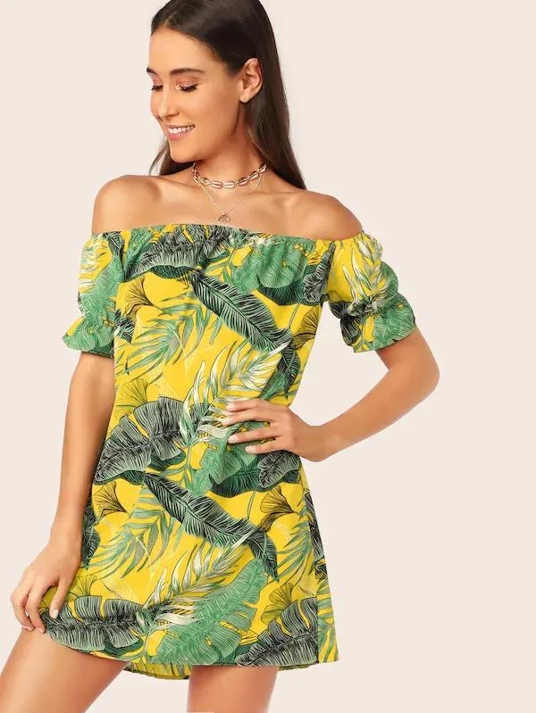 Jungle Leaf Print Bardot Tunic Dress