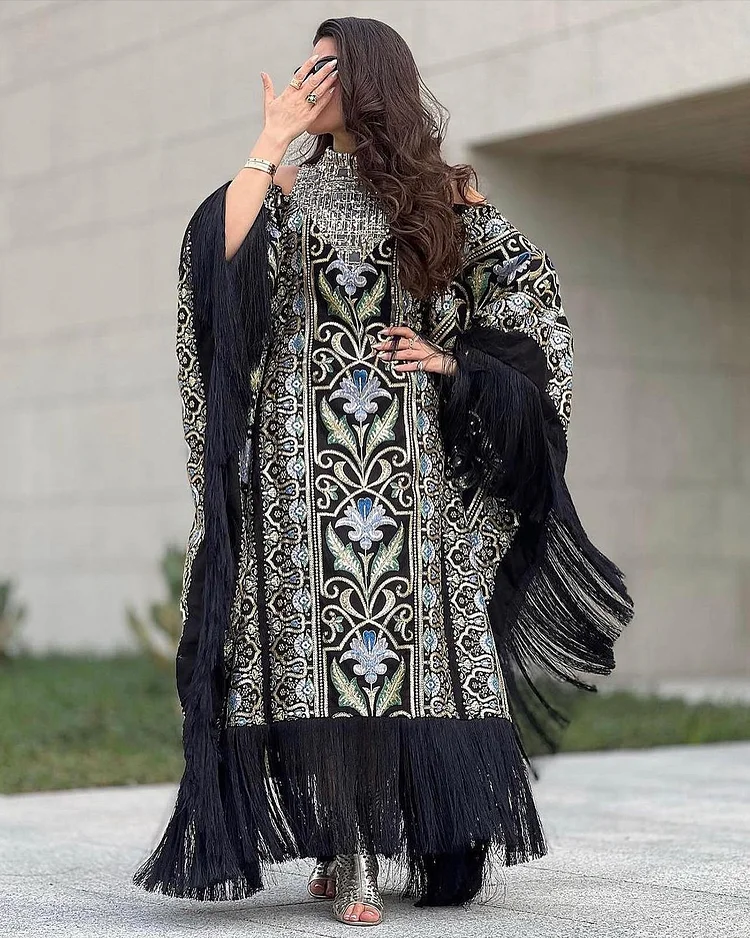 Women's Off-Shoulder Embroidered Tassel Dress