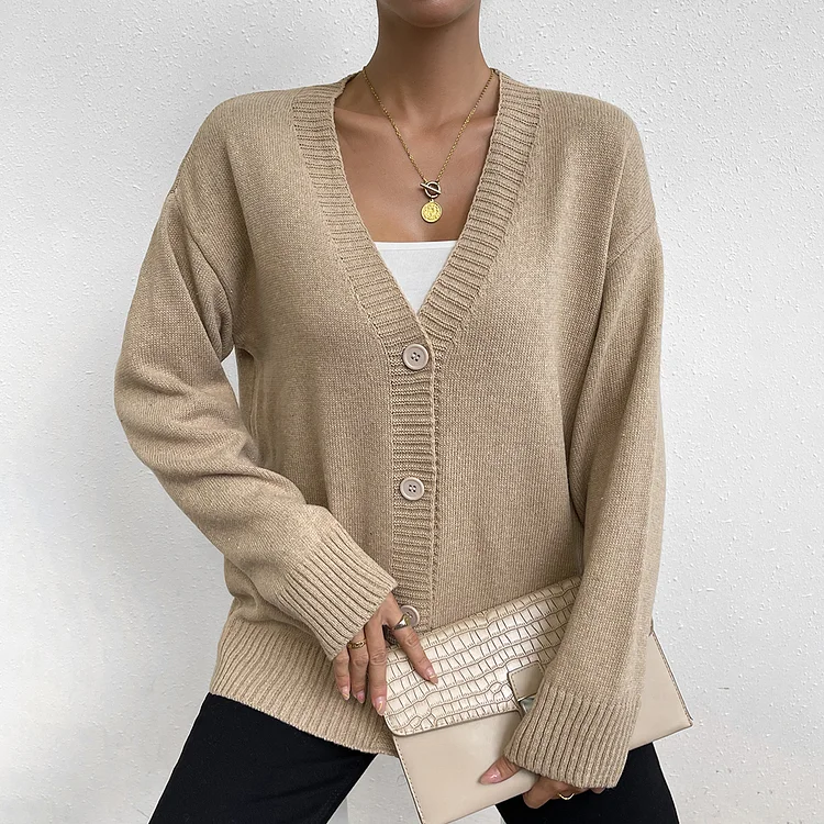 Women's Sweater Cardigan V-Neck Single Breasted Loose Solid Fall Sweater