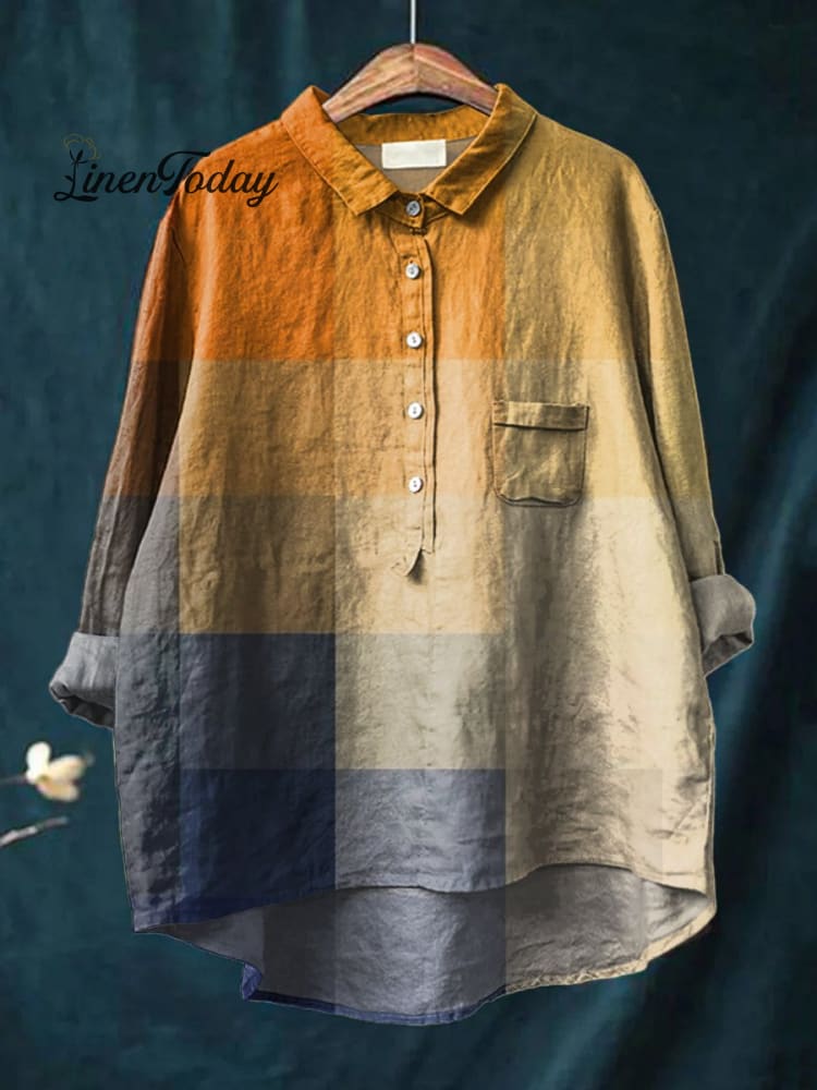 Women&rsquo;s Yellow Blue Art Mosaic Gradient Print Casual Cotton And Linen Shirt Multicolor / S