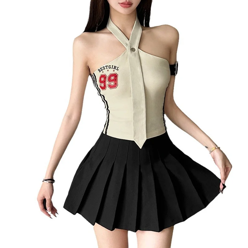 Uveng Uveng 2024 Summer Women's Tie Design Hanging Letter Print Slim Vest