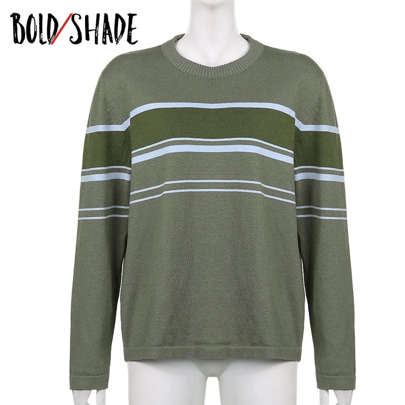 Bold Shade Grunge 90s Tricot Sweater Striped O-neck Indie Aesthetic Women Pullover Sweaters Oversized Vintage Green Top Autumn