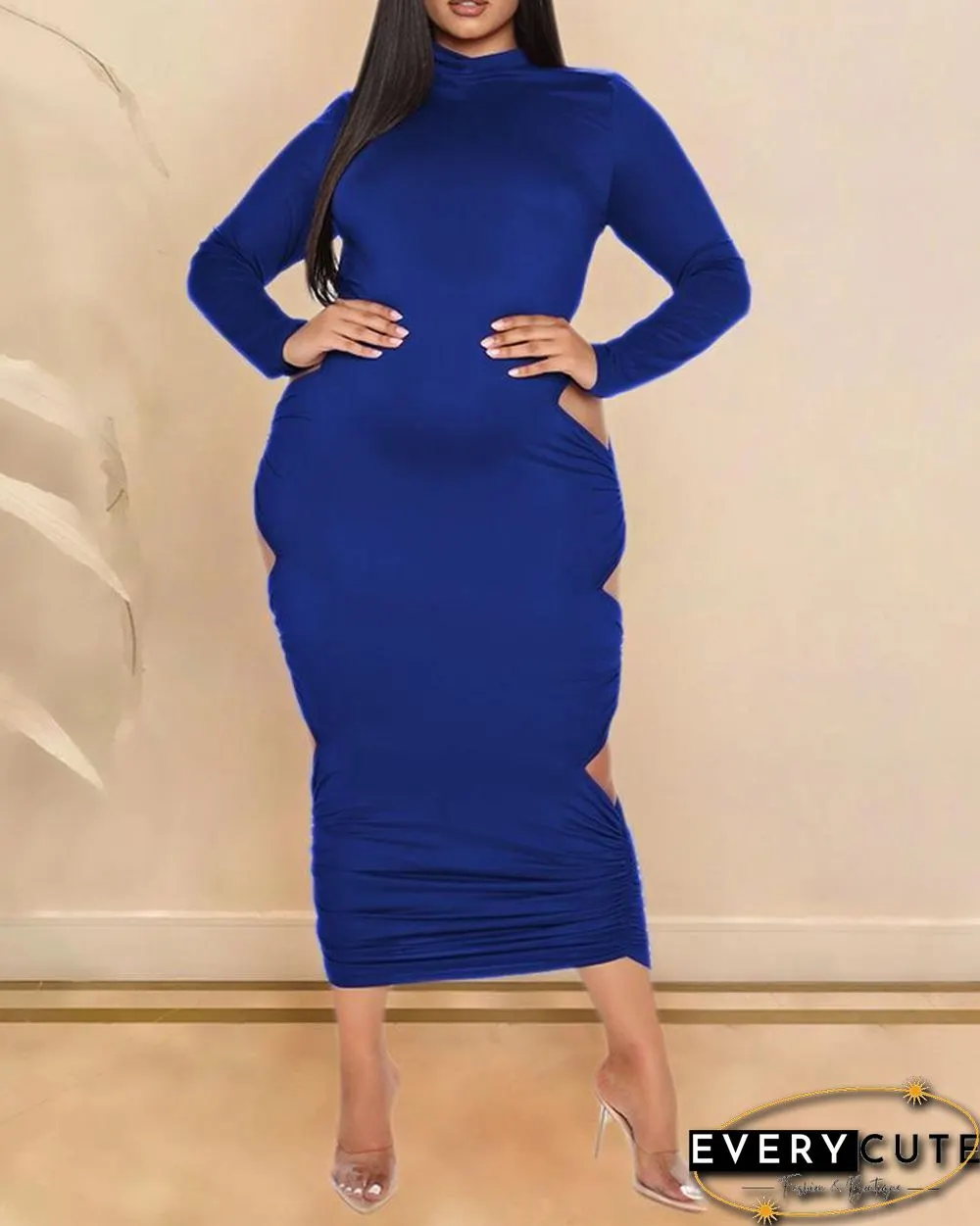 Plain Ladder Cutout Ruched Backless Maxi Dress P13980
