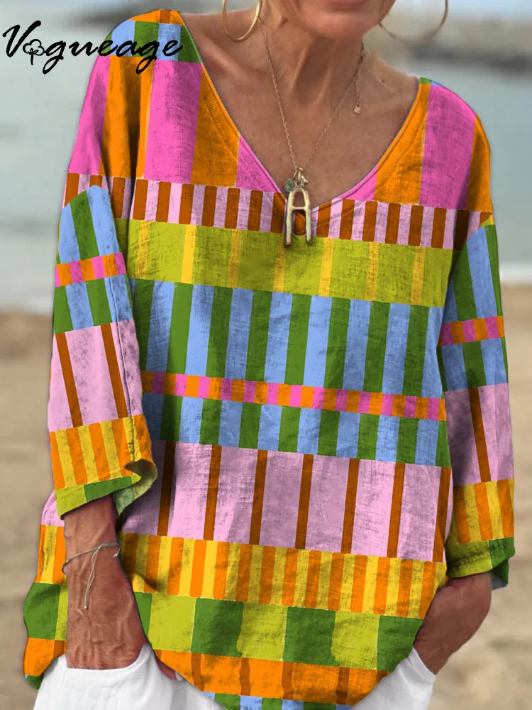 Color Irregular Color Blocks And Stripes 3/4 Sleeves Printed Cotton And Linen Shirt