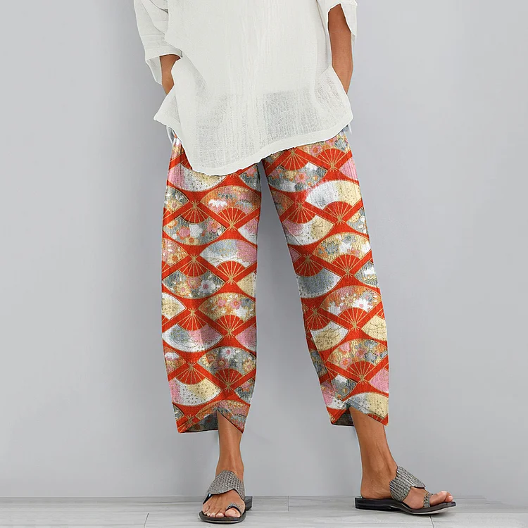 Comstylish Vintage Japanese Art Fan Printed Casual Pants