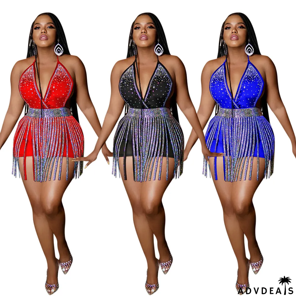 Hot Drilling V Neck Halter Romper+Tassel Skirt 2 Piece Sets