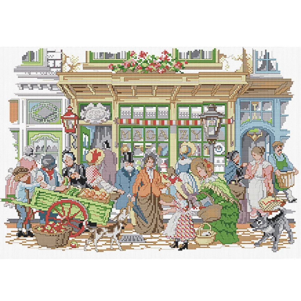 DIY Stamped Cross Stitch 14CT Partial Embroidery 48*36cm - Bustling Street Market