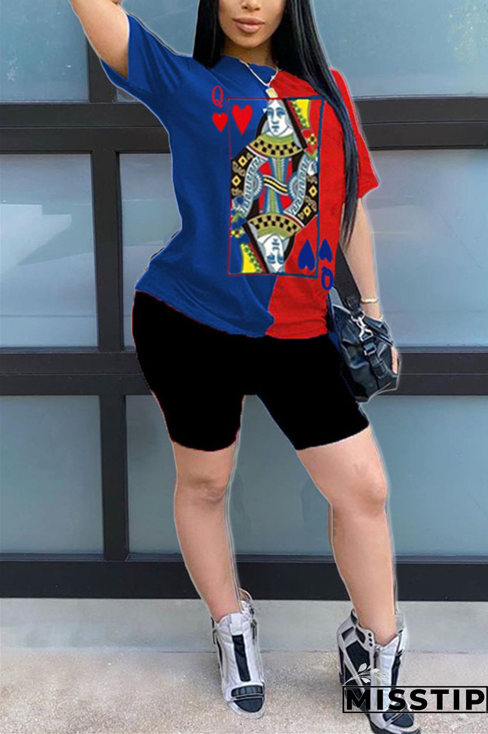 Pink gray O Neck Short Sleeve Print Tops（Without Bottoms）