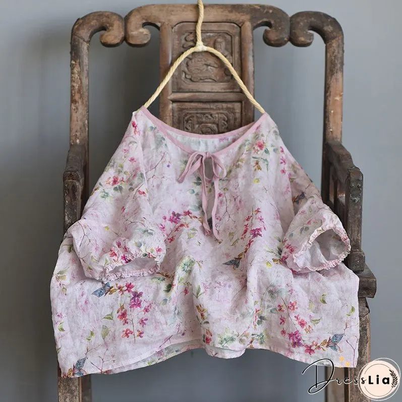 Linen Floral Print Spring Summer Shirt Short Sleeve