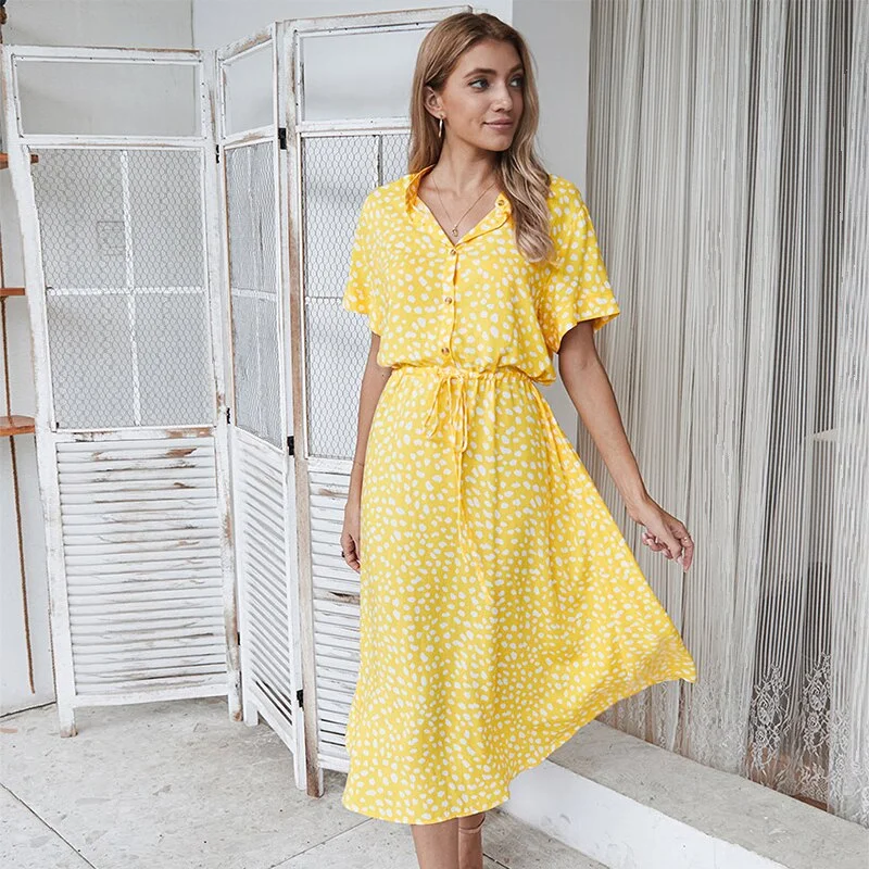 2021 New Summer Women's Elegant Short Sleeve Polka Dot Print Dress Shirt Collar Button Lace Up Temperament Ladies Long Dress