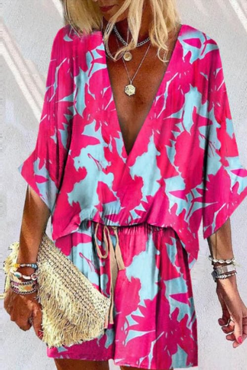V Neck Half Sleeve T-shirt and Tie Waist Short Printed Set