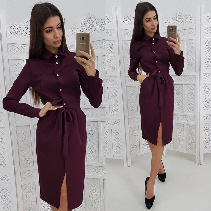 Women Vintage Front Button Sashes A-line Dress Long Sleeve Turn Down Collar Solid Elegant Dress 2020 Autumn Fashion Women Dress