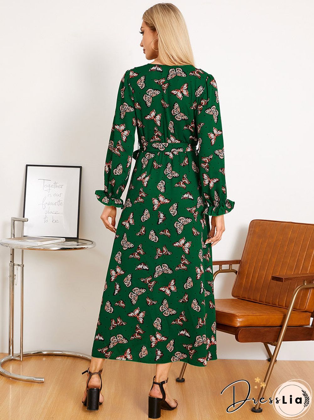 Butterfly Print Belt Long Sleeve V-neck Maxi Dress