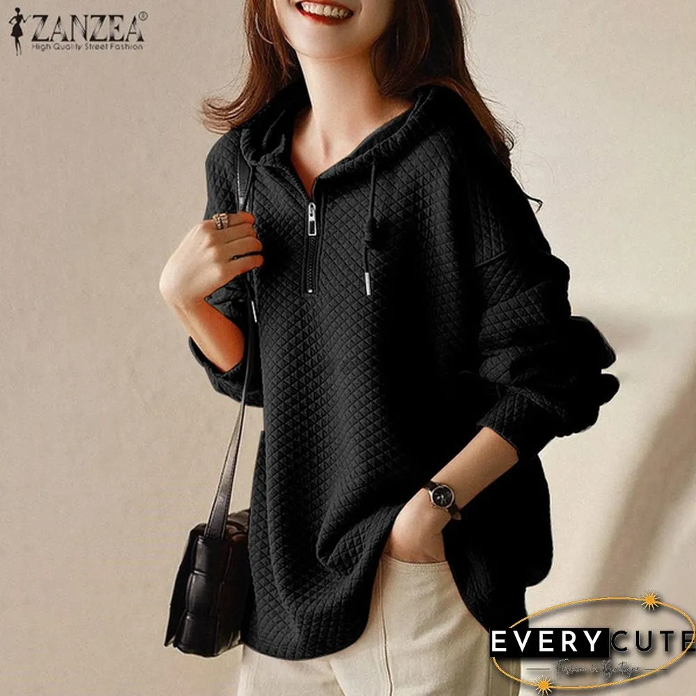 Spring Autumn Warm Fashion Women Zipper Long Sleeve Blouse Sweatshirt Oversized Casual