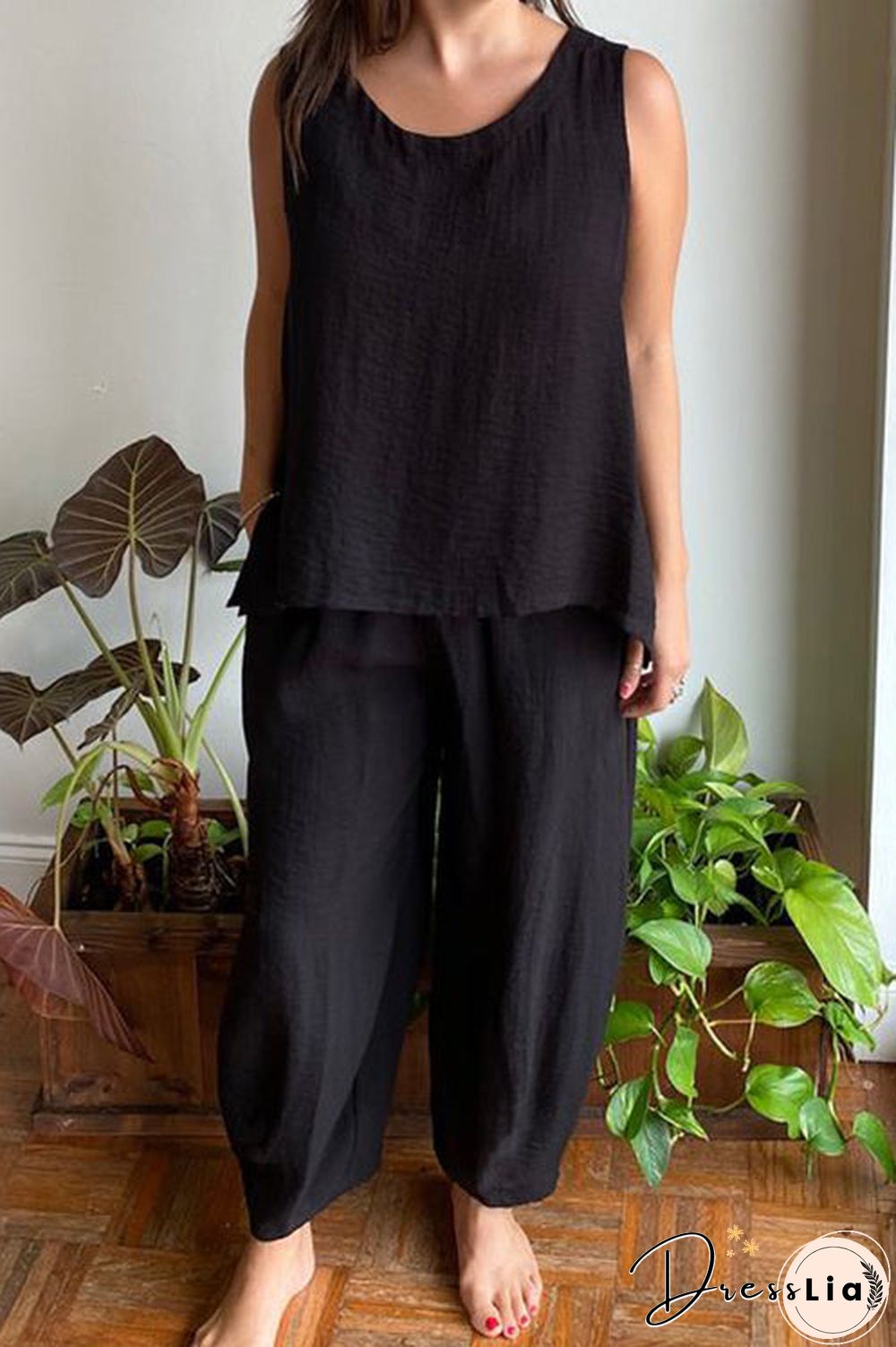 Solid O Neck Tank Pants Set