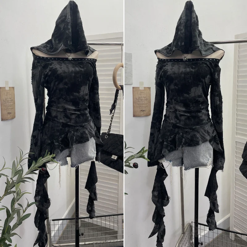 Churchf Real Shooting Niche Does Not Hit The Wasteland Hottie Wearing Hooded Holes Long Sleeves Irregular Ribbon Clothing 9297