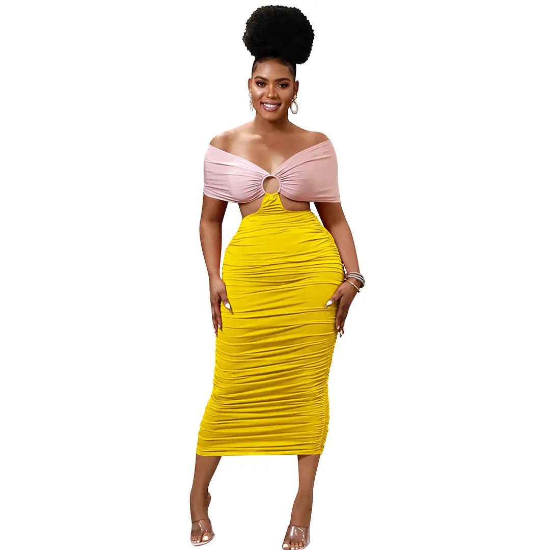 Churchf Churchf Fashion Women's Casual Tight Back Hollow Out Pleated Dress Women's Wear