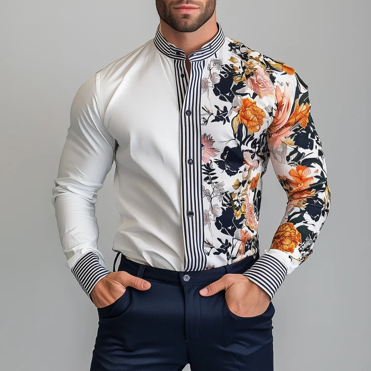 Okaywear Stand Collar Stripe Floral Plant Pattern Button Shirt 