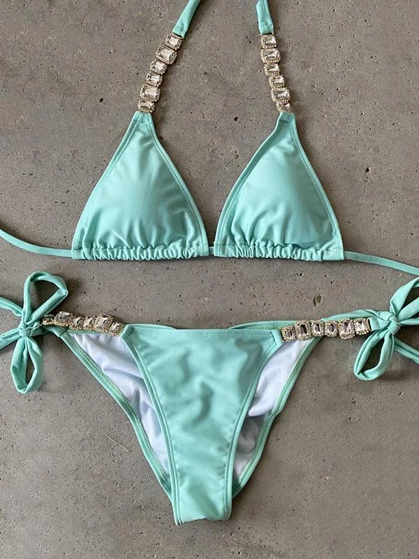 Solid Color Gorgeous Embellished Halterneck Split Bikini Swimsuit