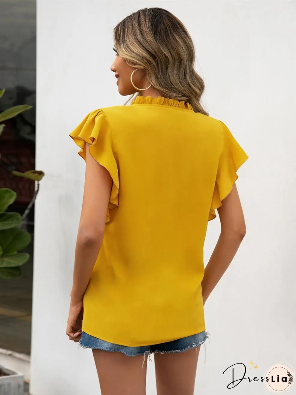 Ruffle Sleeve Casual V-Neck Shirt Top