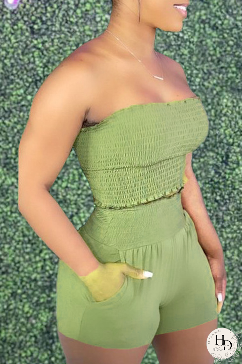 Army Green Sexy Solid Split Joint Strapless Sleeveless Two Pieces