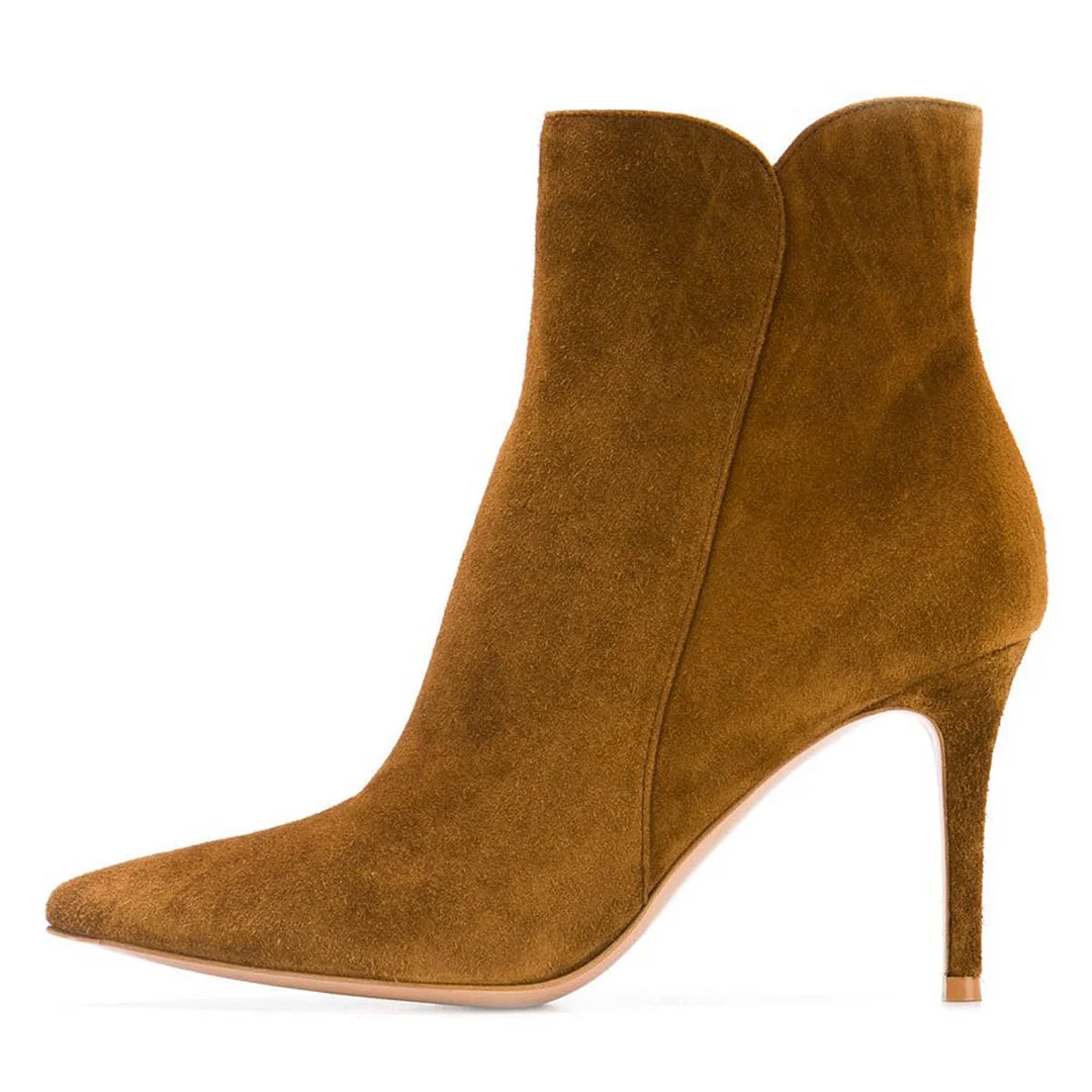 YDN Tan Vegan Suede Zipper Stiletto Heel Short Boots for Women