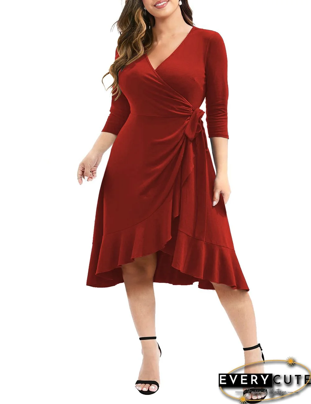 Rust Red V Neck Ruffle Hem Plus Size Dress