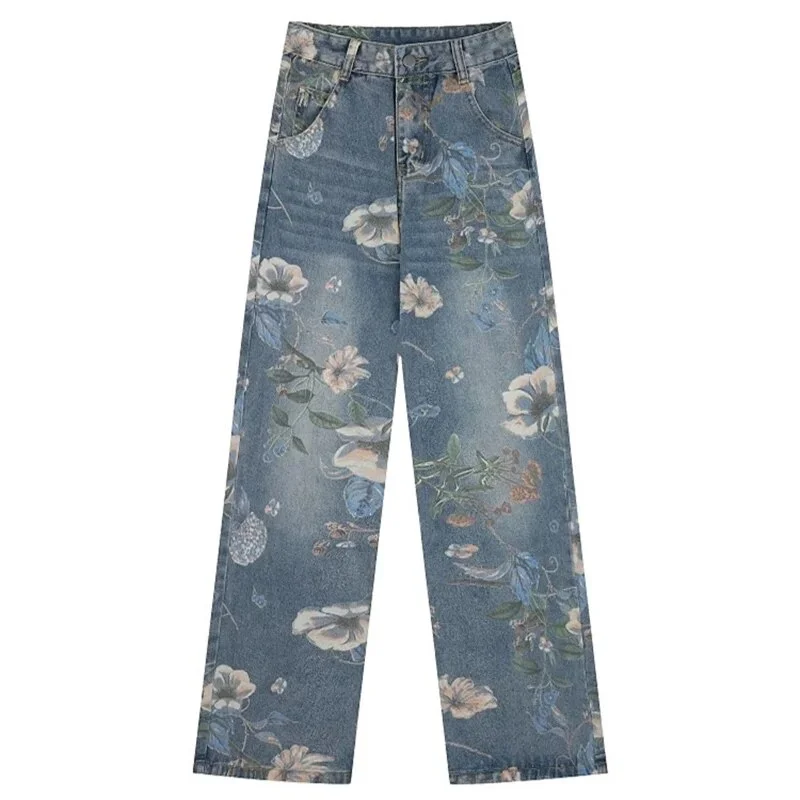 Qjong Korean Fashion Flower Print Jeans Women 90s Vintage Oversize Wide Leg Denim Pants Female Y2K Harajuku Aesthetic Pantalones