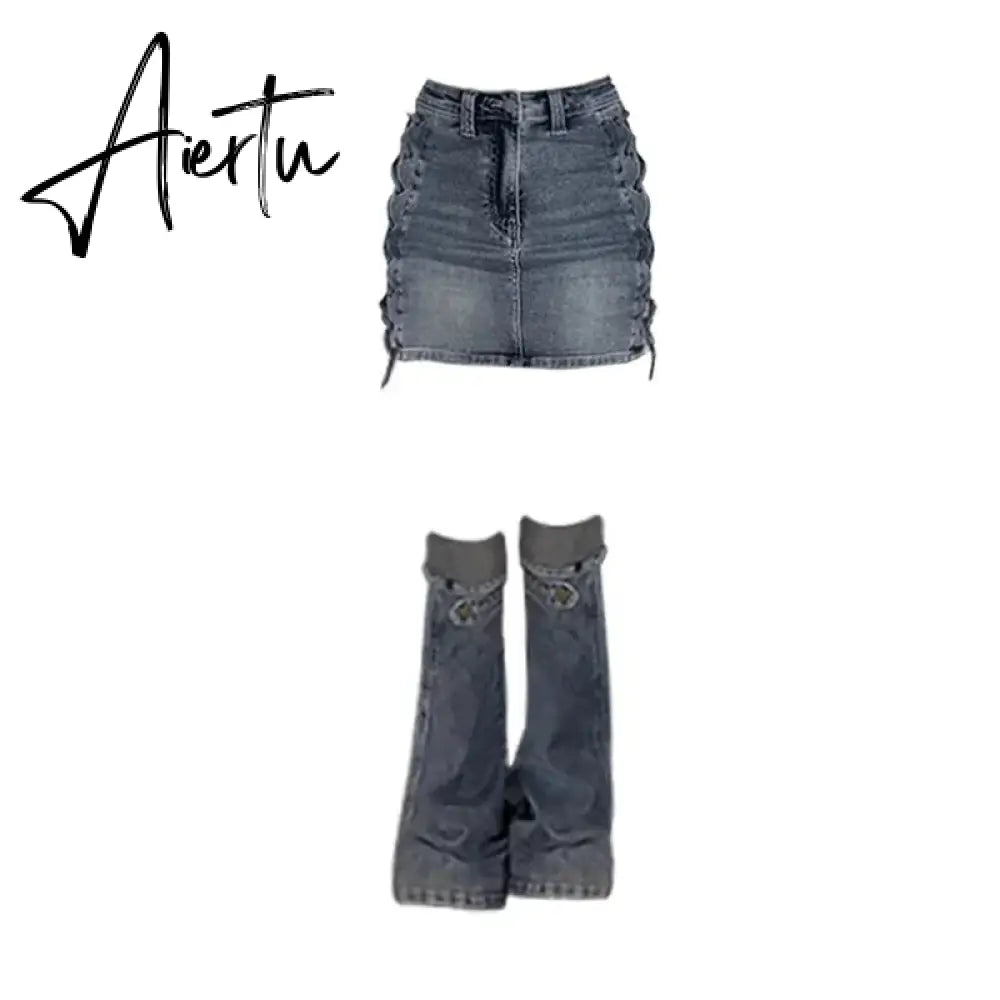 Women Two-piece Skirt Set High Waist Bandage Denim Skirt with Leg Warmers Cyberpunk Y2k Vintage Music Festival Outfits Aiertu