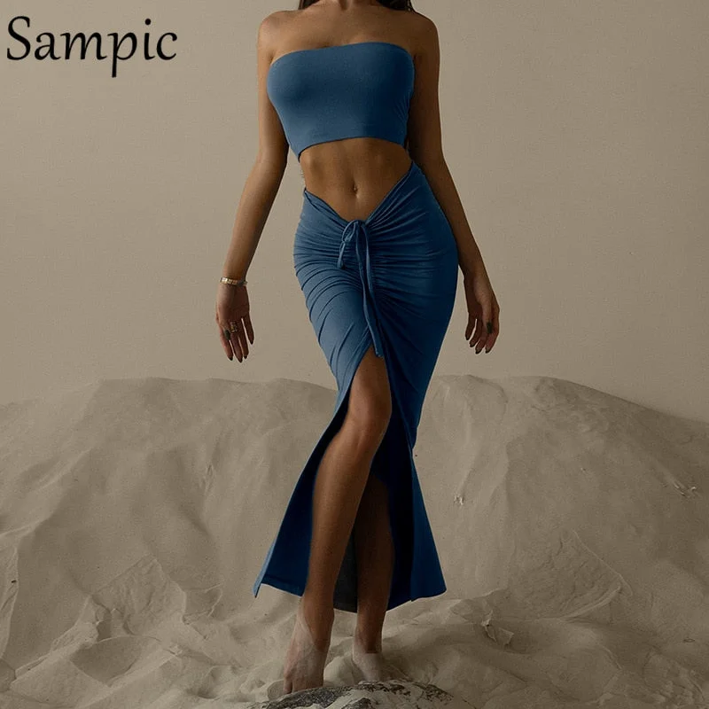 Sampic Sexy Women Club Fashion Skirt Dress Set 2021 Sleeveless Skinny Crop Tops And High Waisted Long Wrap Skirt Two Piece Set