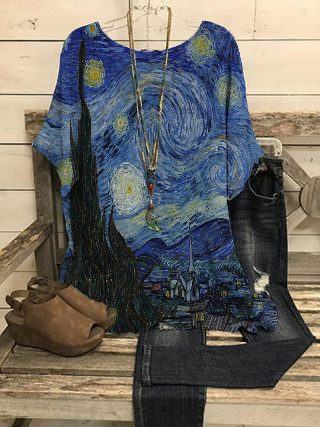 The Starry Night Print Round Collar Short Sleeves Loose T-Shirt