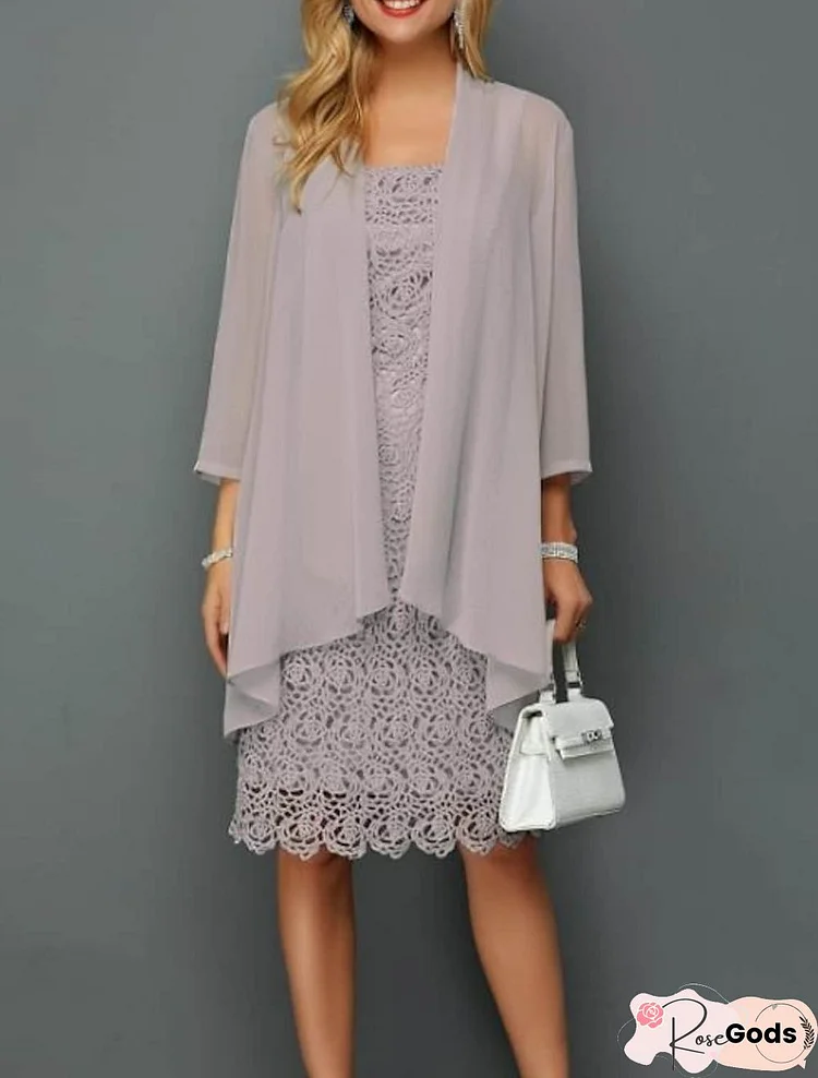 Elegant Plain Lace Patchwork Dress & Cardigan Two-Piece Set