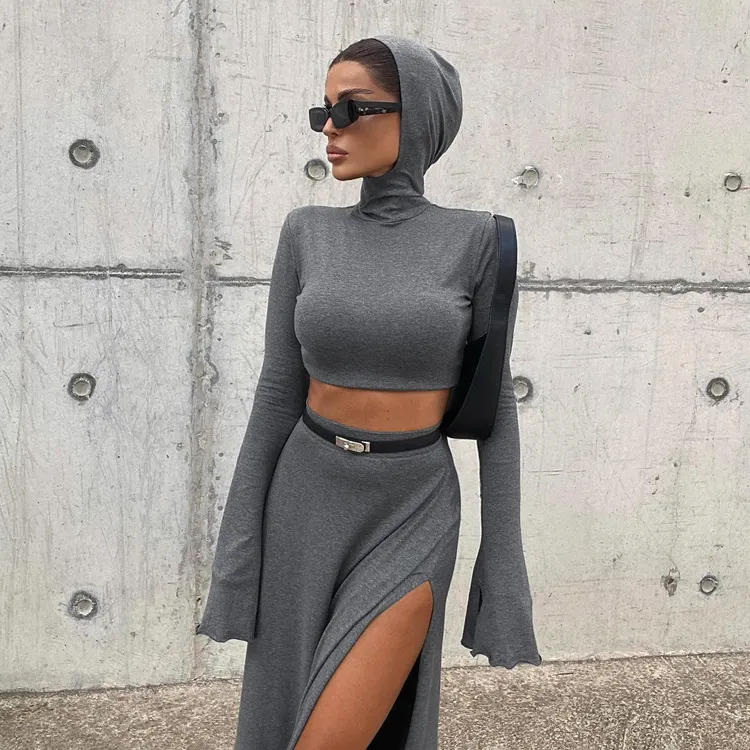 Churchf Churchf Women's Short Hooded Top High Waist Side Slit Unique Suit Skirt 2024 Spring And Autumn New Two-Piece Set For Women