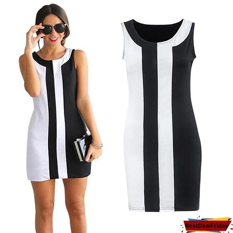 Summer Fashion Women O-neck Sleeveless Black and White Patchwork Party Mini Dress