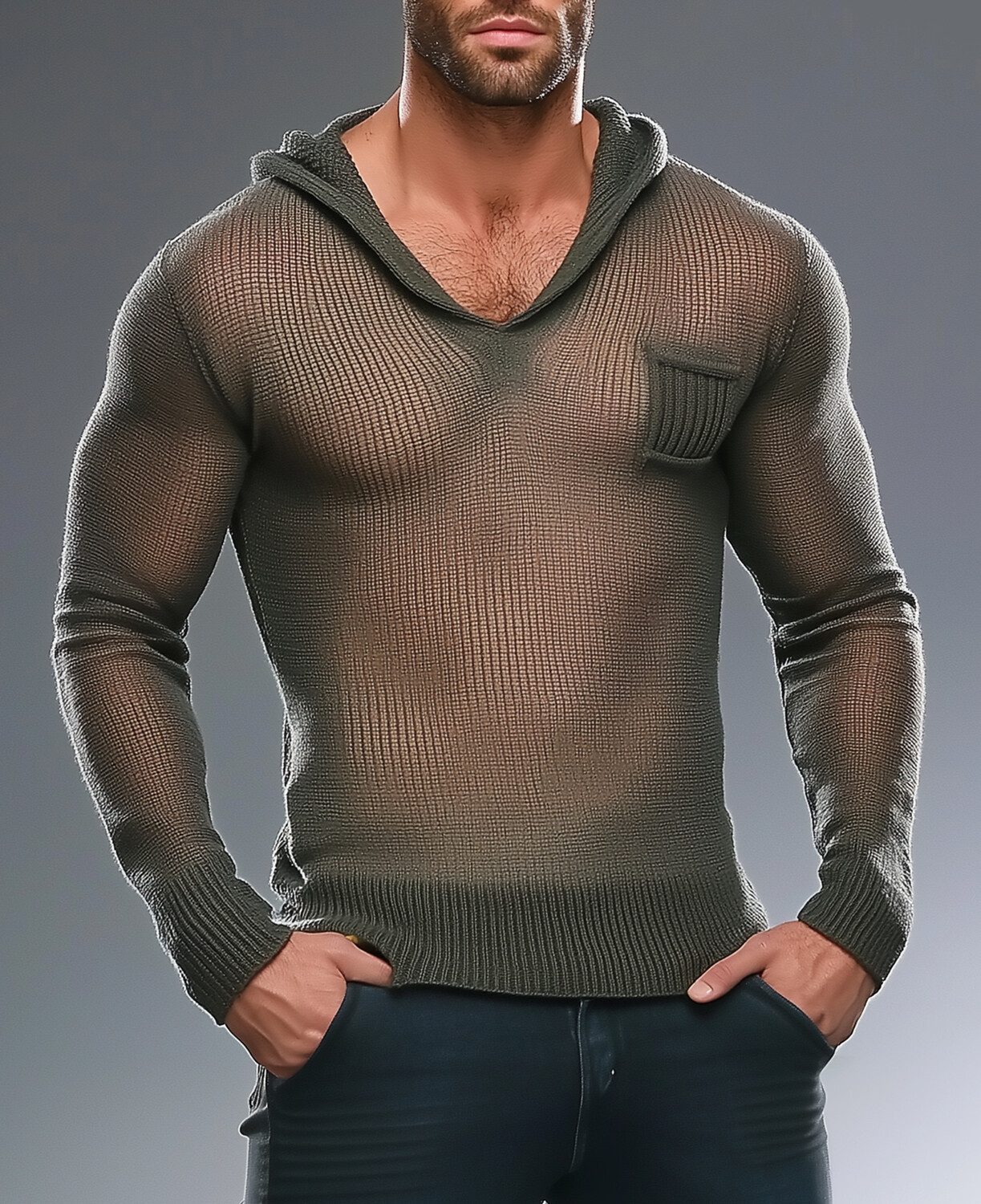 Okaywear Casual Knit See-Through Long Sleeve Hooded Sweater