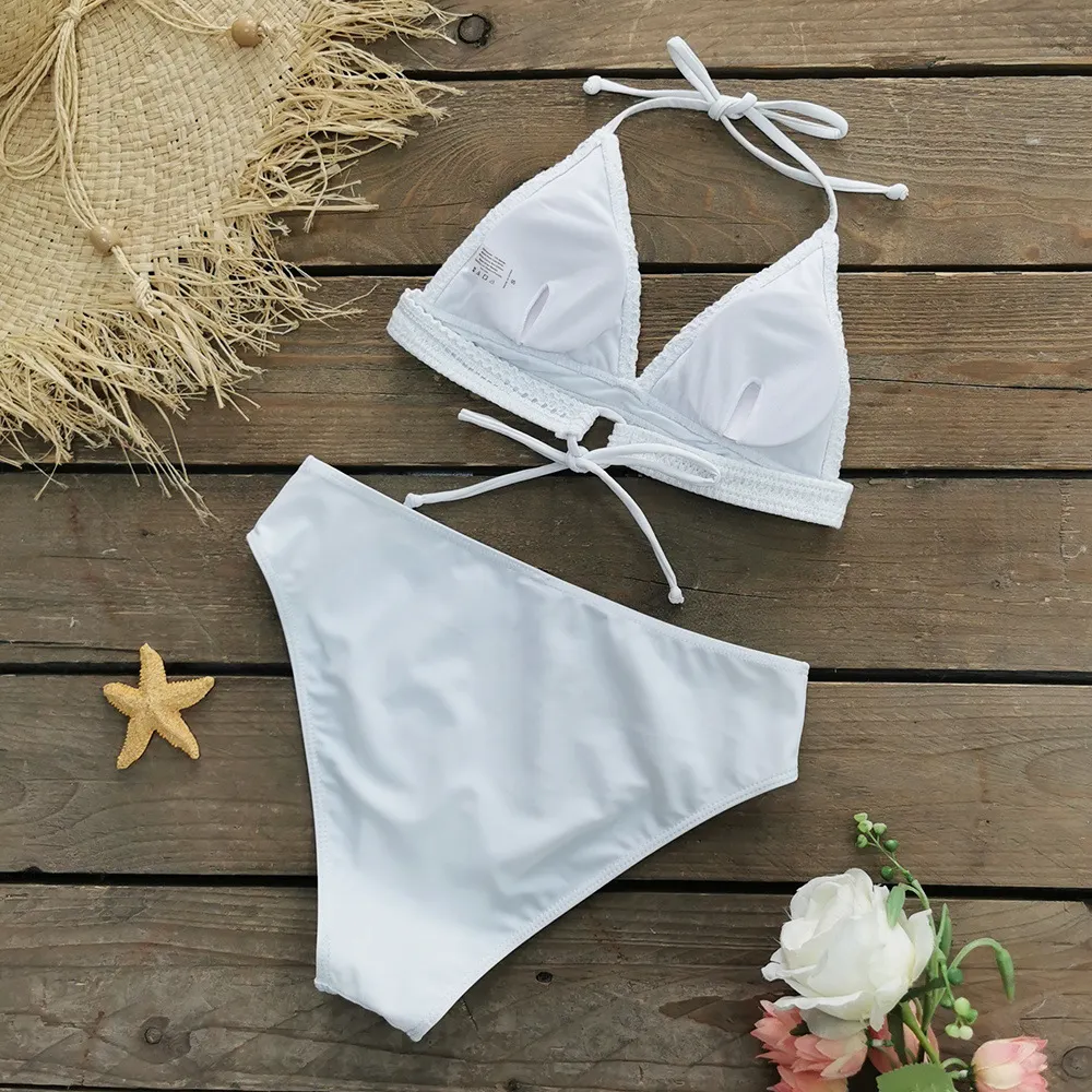 Brownm Solid Color Mesh Lace Split Swimsuit Female Three-Piece Set 2025 New Strap Sexy Three-Point Bikini