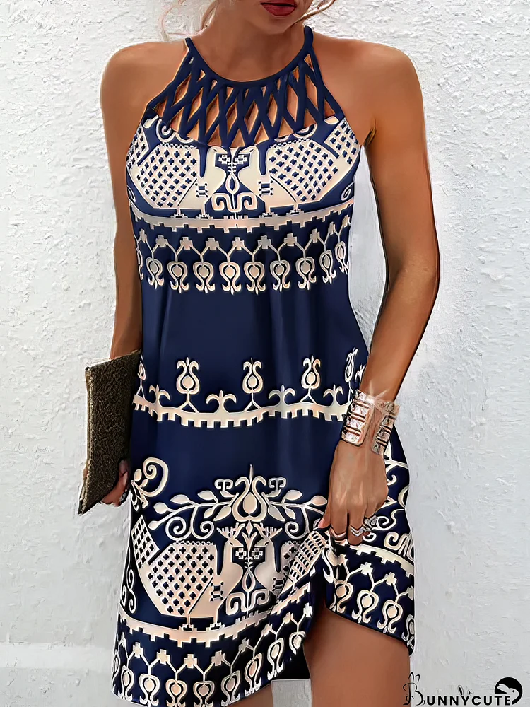 Casual Shift Sleeveless Floral Ruched Halter Vintage Ethnic Mini Dress