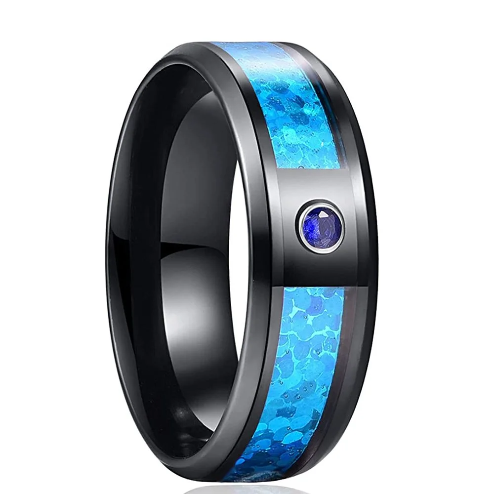 Blue Purple Red Created Opal and Cubic Zirconia Inlay Black Tungsten Carbide Rings Men's Wedding Bands