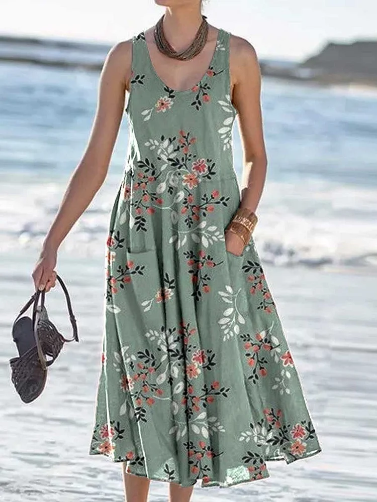Women's Retro Floral Pattern Tank Top Dress with Pockets