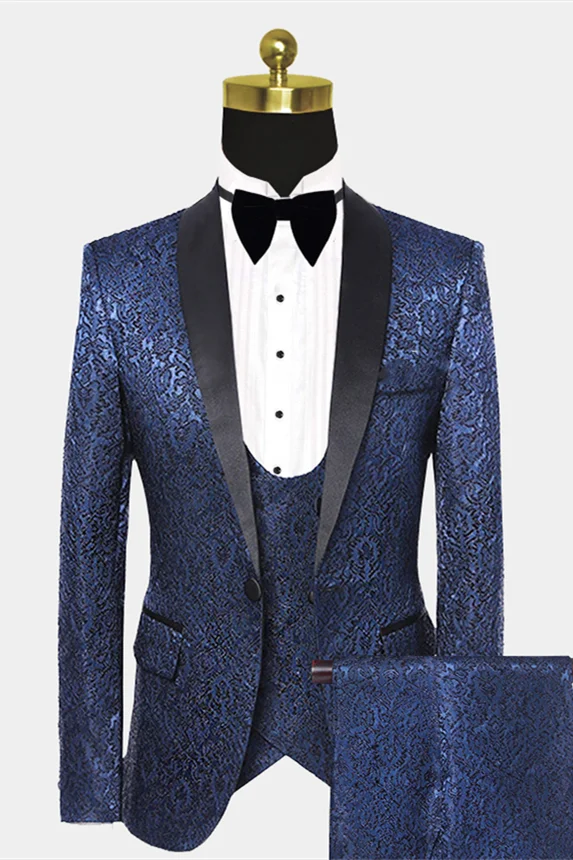 Daisda Stylish Navy Blue Floral Slim Wedding Prom Suit With Black Satin Lapel For Men