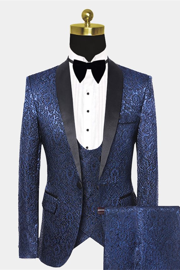 Navy Blue Unique Floral Slim Wedding Prom Suit With Black Satin Lapel For Men | Ballbellas Ballbellas