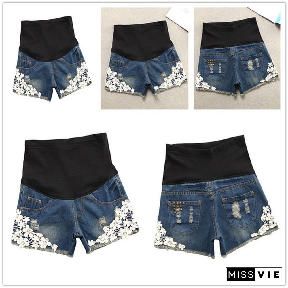 Summer Maternity Ripped Denim Shorts for Pregnant Women Pregnancy Low Waist Belly Loose Shorts