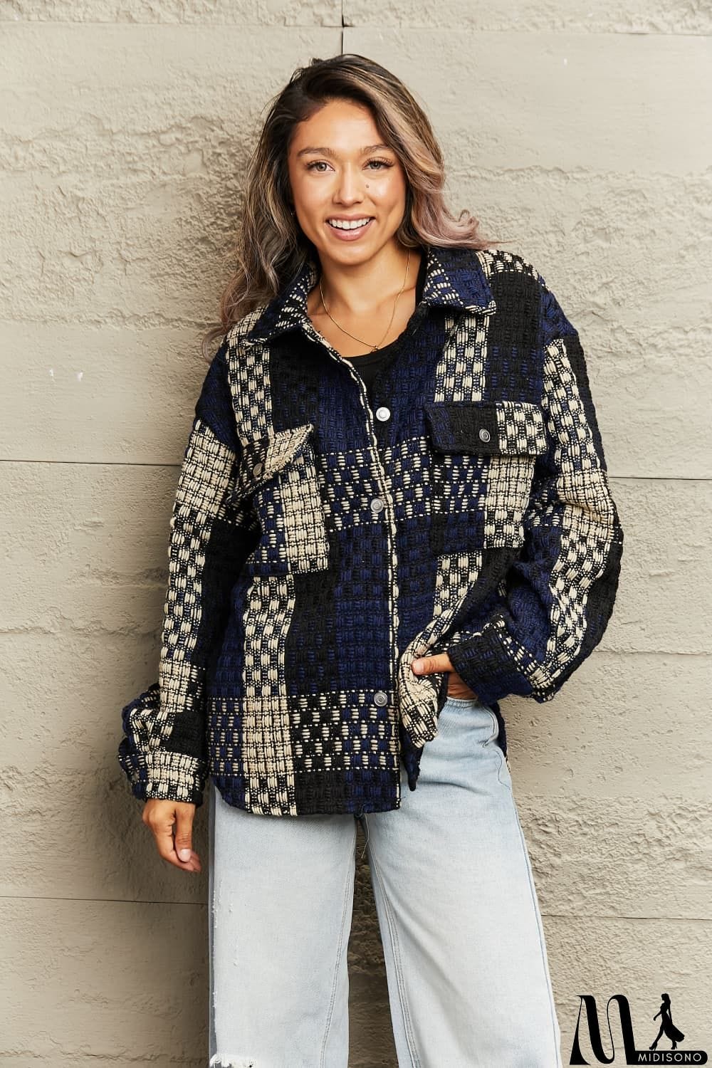 MidiSono - Plaid Collared Neck Drop Shoulder Jacket