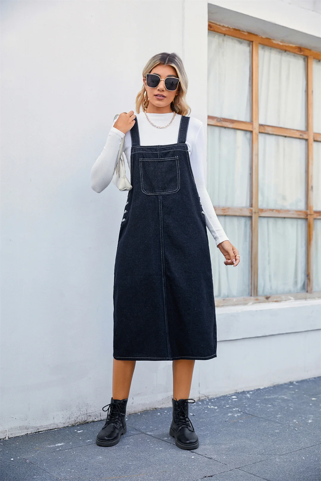 Women's Denim Dress Strap Mid Length Dress