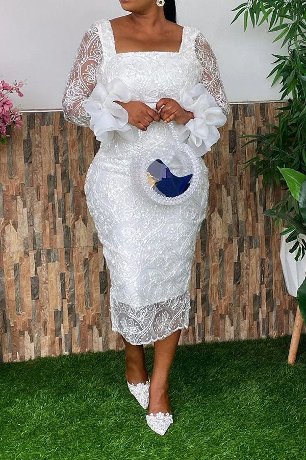 White Sequined Trim Elegant Lace Midi Dress
