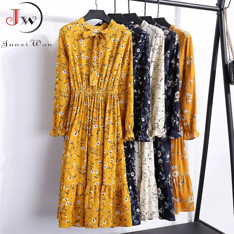 Autumn Chiffon Shirt Dresses Long Sleeve Polka Dot Plaid Office Vintage Dress 2022 Women Summer Casual Midi Floral Dress Vestido