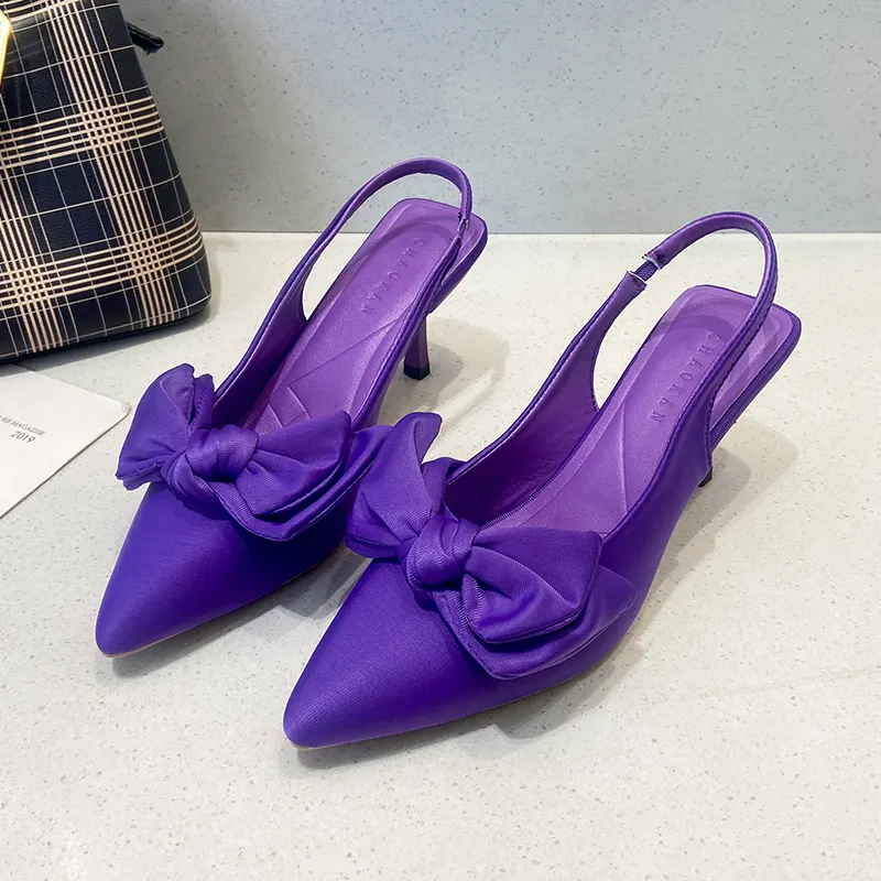 Womens Shoes Summer Purple Lace-up Stiletto Heel Pointed High Rhinestone Buckle