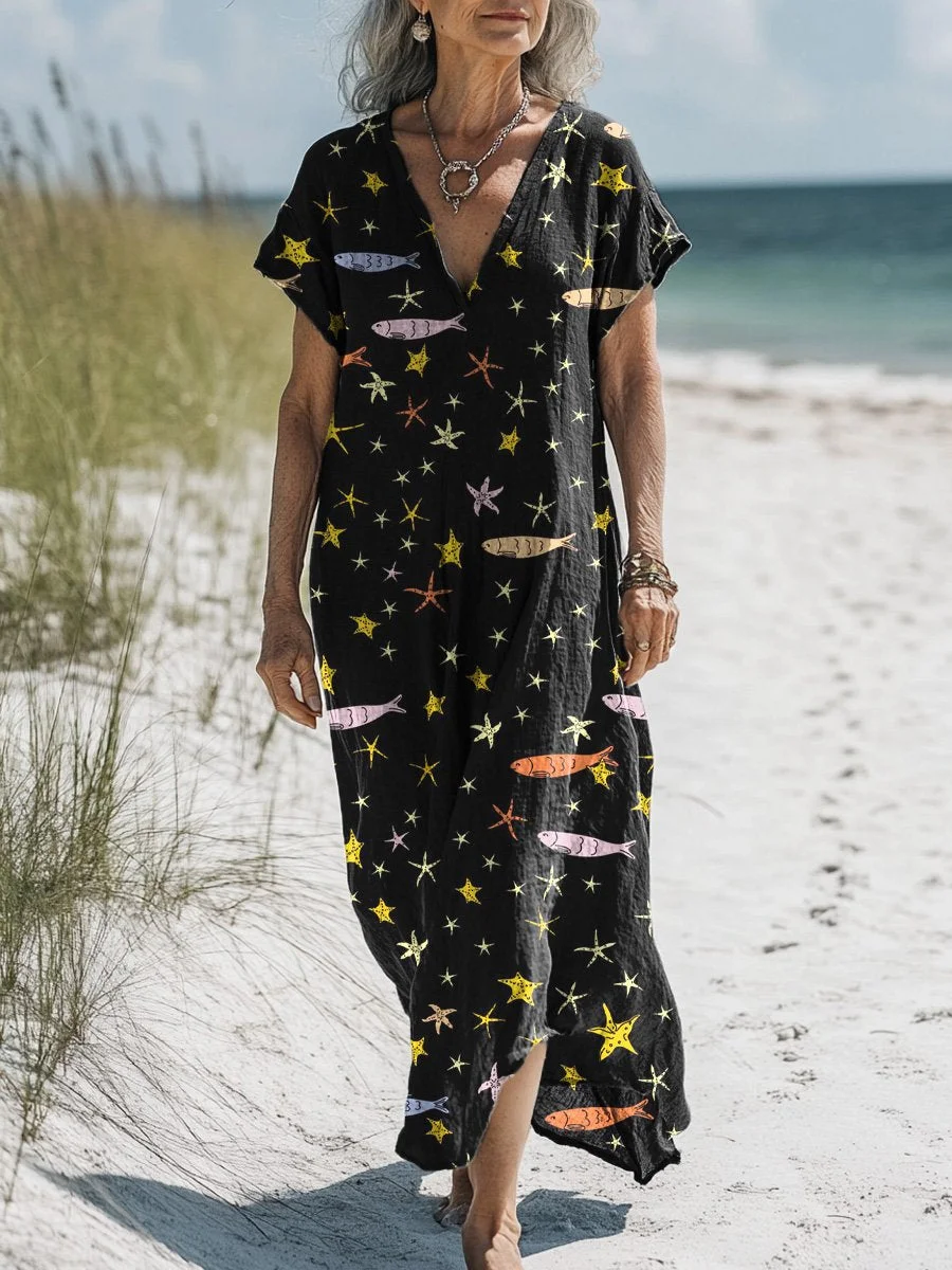 Sardine Fish And Starfish Pattern Printed Women's Pocket Cotton Dress