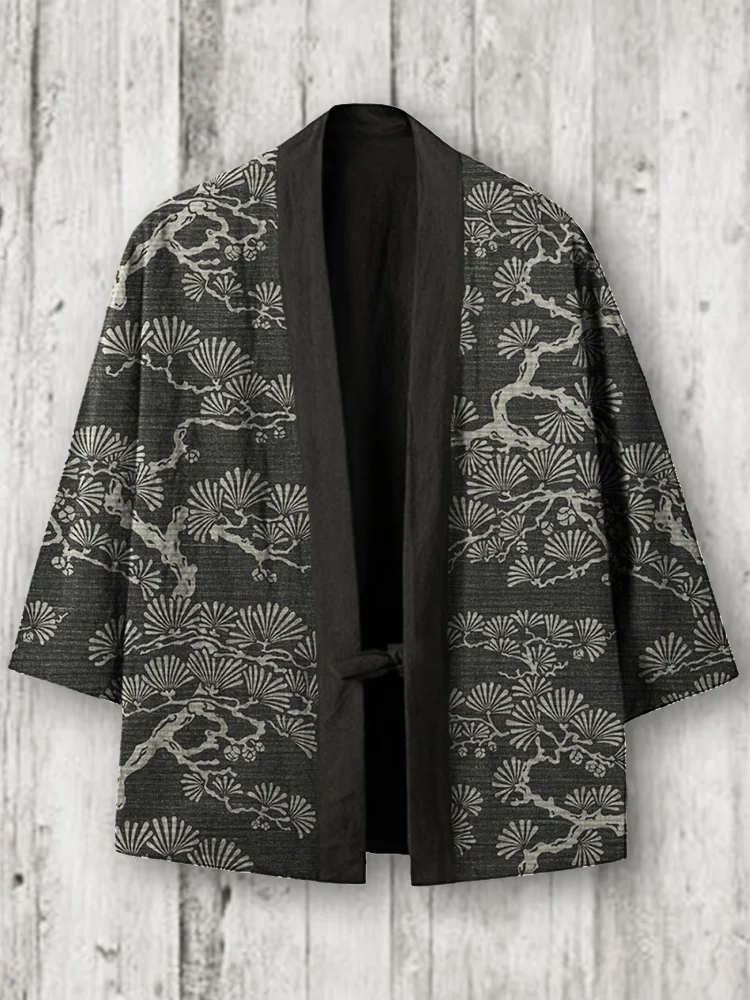 Pine Trees Japanese Lino Art Linen Blend Kimono Cardigan